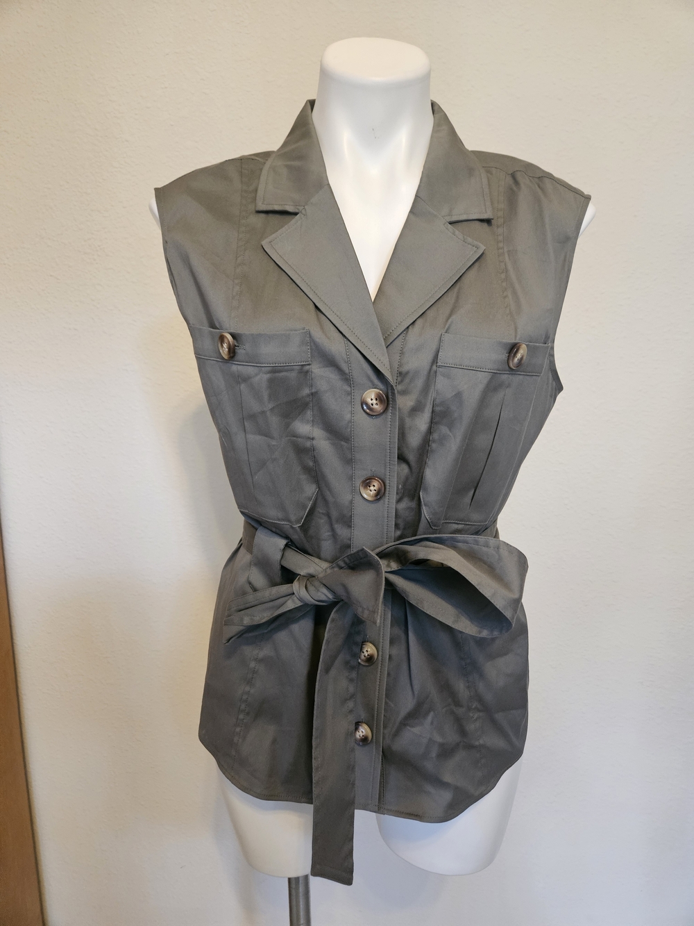 WHBM Army Green Sleeveless Tie-Waist Utility Vest Top